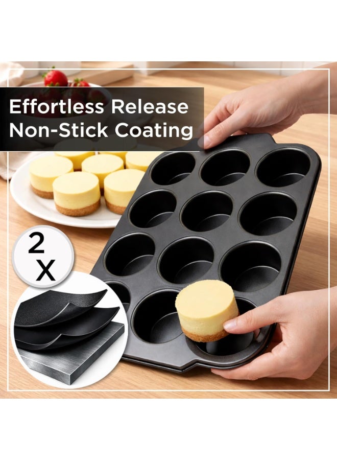 Halamine Muffin Trays,12-Port Non-Stick Mini Cake Mold，Mini Cheesecake Pan With Handles，For Baking Desserts like Cakes, Cupcakes and Muffins , Black - Image 5