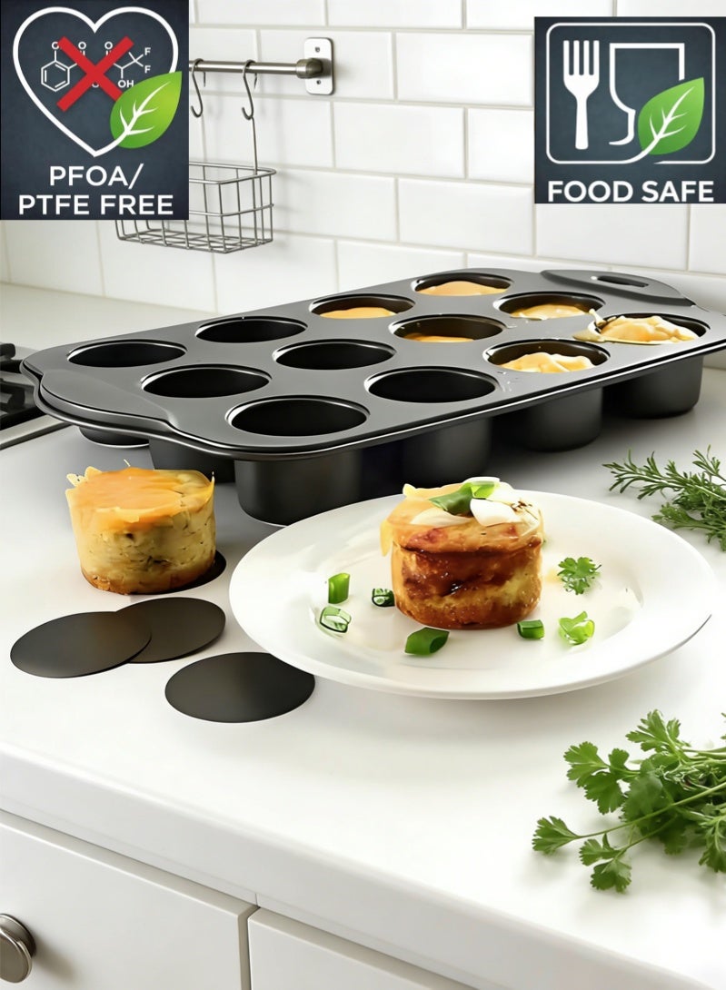 Halamine Muffin Trays,12-Port Non-Stick Mini Cake Mold，Mini Cheesecake Pan With Handles，For Baking Desserts like Cakes, Cupcakes and Muffins , Black - Image 2