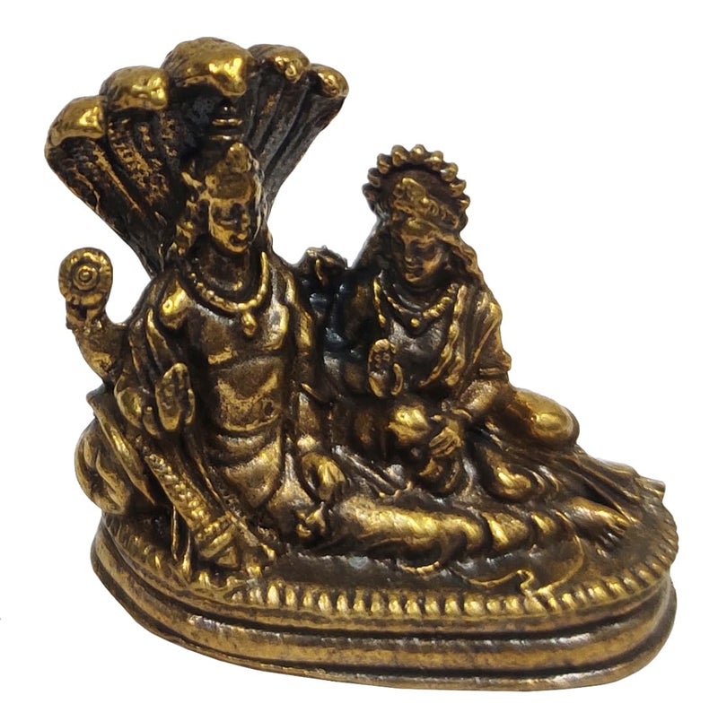 Purpledip Rare Miniature Brass Idol Vishnu Lakshmi On Sheshnag: Anantashayi Anand Shayan Sleeping Posture Padmanabha Swami Temple Statue (12698Z10) - Image 2