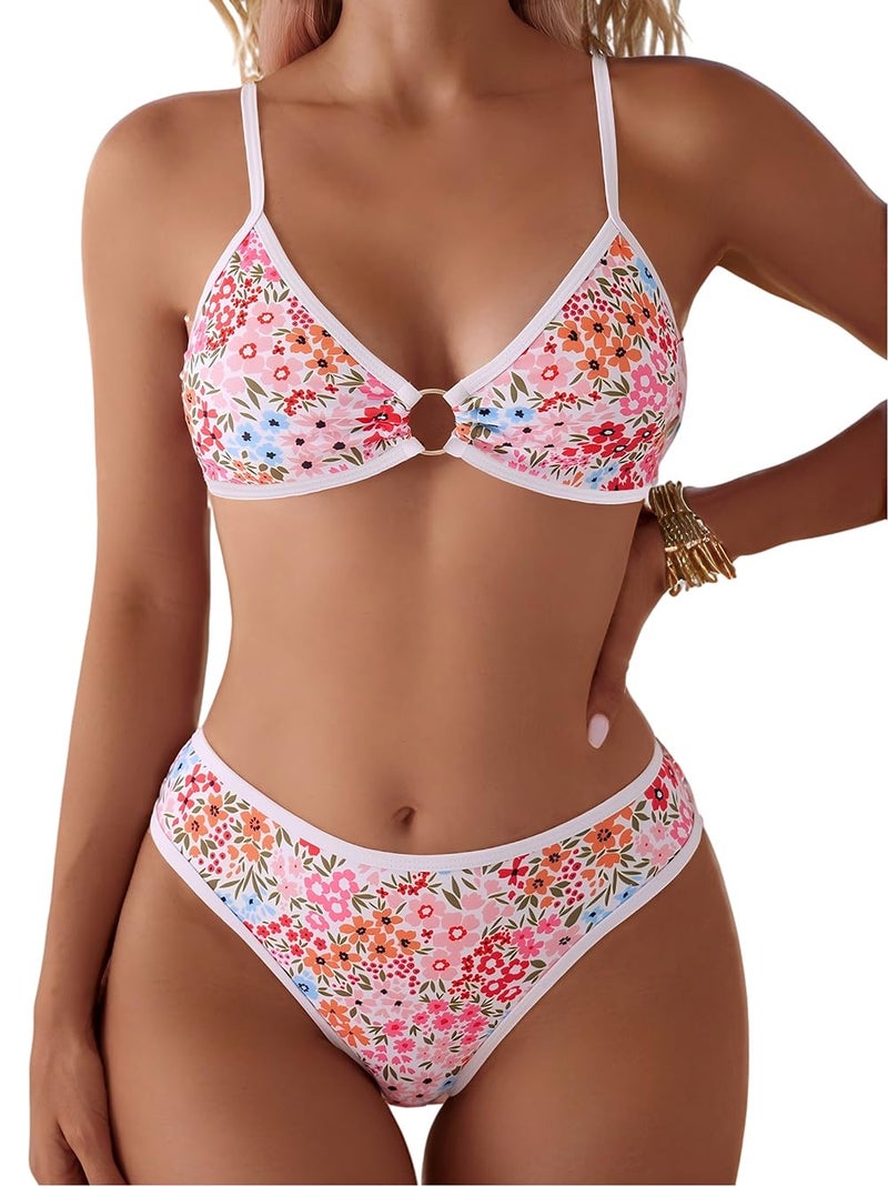Tainehs Women's Two Piece Bikini Sets O Ring Front Top Ditsy Floral Triangle Swimsuits Cheeky Bathing Suit - Image 1