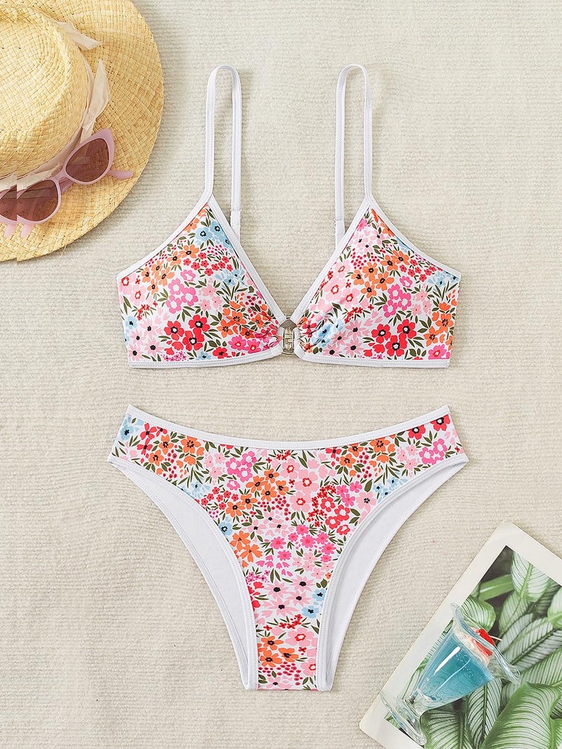 Tainehs Women's Two Piece Bikini Sets O Ring Front Top Ditsy Floral Triangle Swimsuits Cheeky Bathing Suit - Image 4