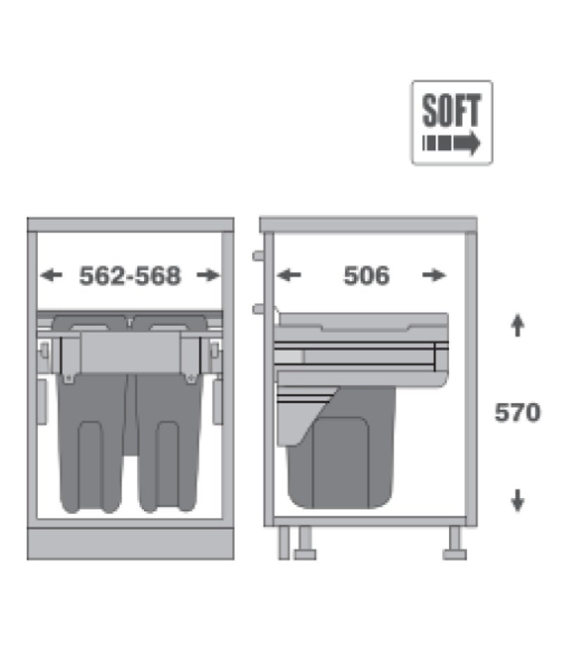 NUOMI BRD600-35W Double Pull-Out Waste Bin – 70L Grey Soft Closing Kitchen Trash System for 60cm Cabinets - Image 2