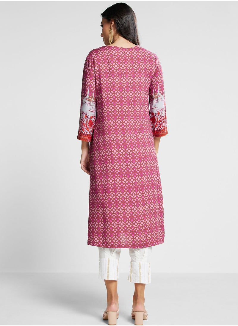 Biba - Crew Neck Floral Printed Kurti - Image 1
