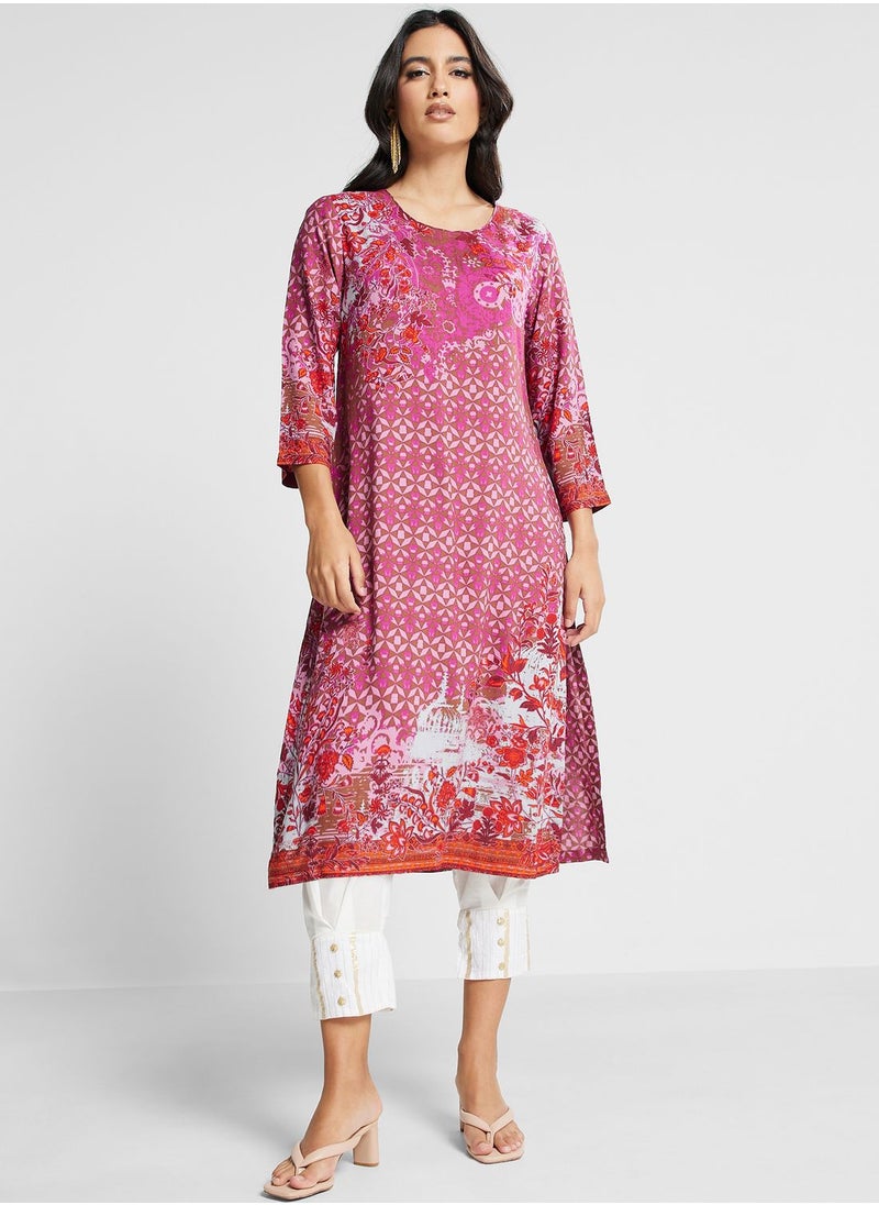 Biba - Crew Neck Floral Printed Kurti - Image 1