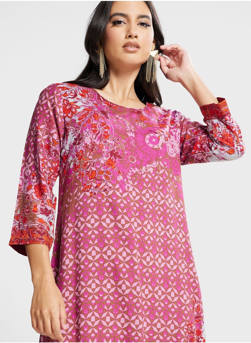 Biba - Crew Neck Floral Printed Kurti - Image 1