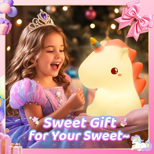 One Fire Unicorn Toys for Girls Age 4-6, 16 Colors Night Light for Kids Night Light, Silicone+Dimmable Toys for Girls, Toddler, Baby, Rechargeable Nightlight for Kids Room - Image 2