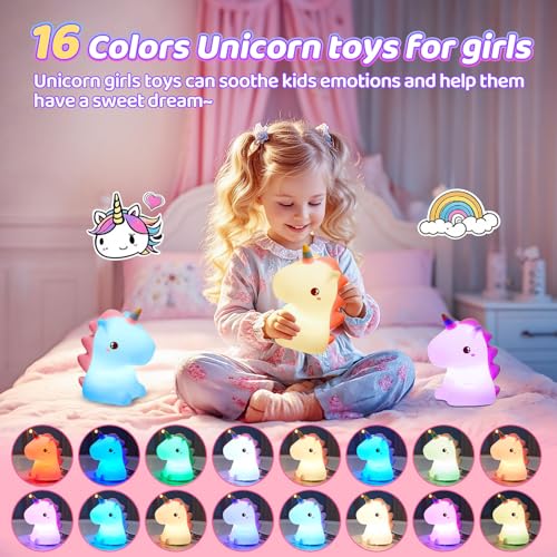 One Fire Unicorn Toys for Girls Age 4-6, 16 Colors Night Light for Kids Night Light, Silicone+Dimmable Toys for Girls, Toddler, Baby, Rechargeable Nightlight for Kids Room - Image 3