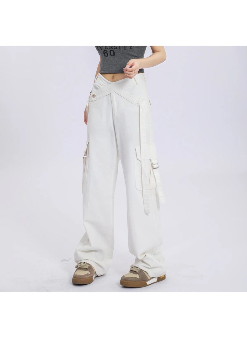 Generic American Style Vintage Womens Loose-Fit Wide-Leg Casual Pants V-WAist Cargo Pants With Scarf Design Sensibility For Summer White 