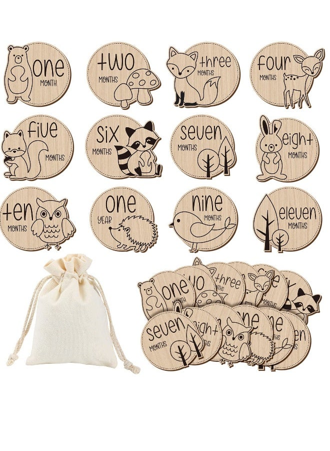 Generic Baby Monthly Milestone 12 Pcs Wooden Baby Milestone Cards with Linen Bag Wooden Newborn Welcome Discs Sign Round New Baby Sign Sided Cute Animal Printed Baby Announcement Cards for Boys Girls  - Image 1