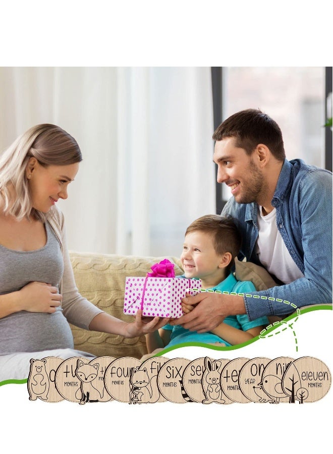 Generic Baby Monthly Milestone 12 Pcs Wooden Baby Milestone Cards with Linen Bag Wooden Newborn Welcome Discs Sign Round New Baby Sign Sided Cute Animal Printed Baby Announcement Cards for Boys Girls  - Image 3