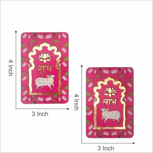 ProKart MDF 4 Inch Lotus & Cow Shubh Labh for Door Entrance | Cow Shubh Labh hangings for Puja Return Gifts | Decorative Hangings for Navratri & Diwali Décor (Pink, 4 Inch - 1Pair) - Image 2