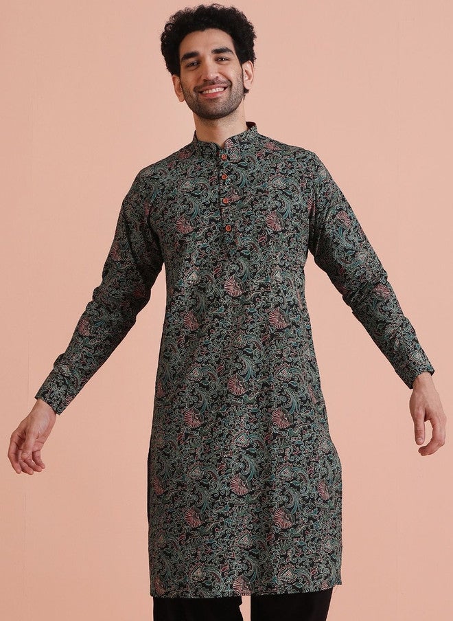 KISAH Men Printed Kantha Work Kurta - Image 2