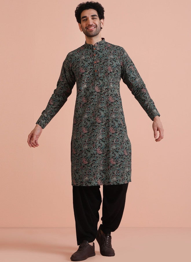 KISAH Men Printed Kantha Work Kurta - Image 1