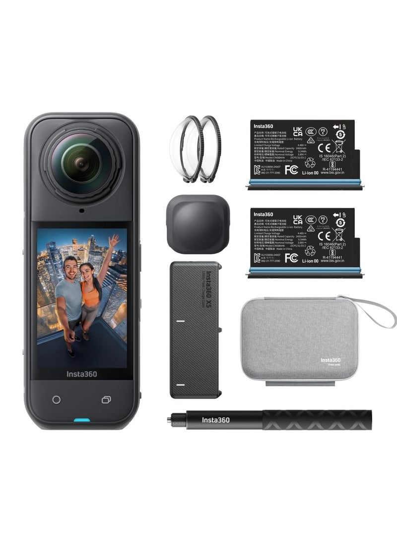 Insta360 X5 Essentials Bundle | X5 Camera + Extra Battery + 114cm Invisible Sefie Stick + Lens Cap + Carry Case, 15m Waterproof 8K 360 Action Camera, Low Light Capture, Wind Guard - Black - Image 1
