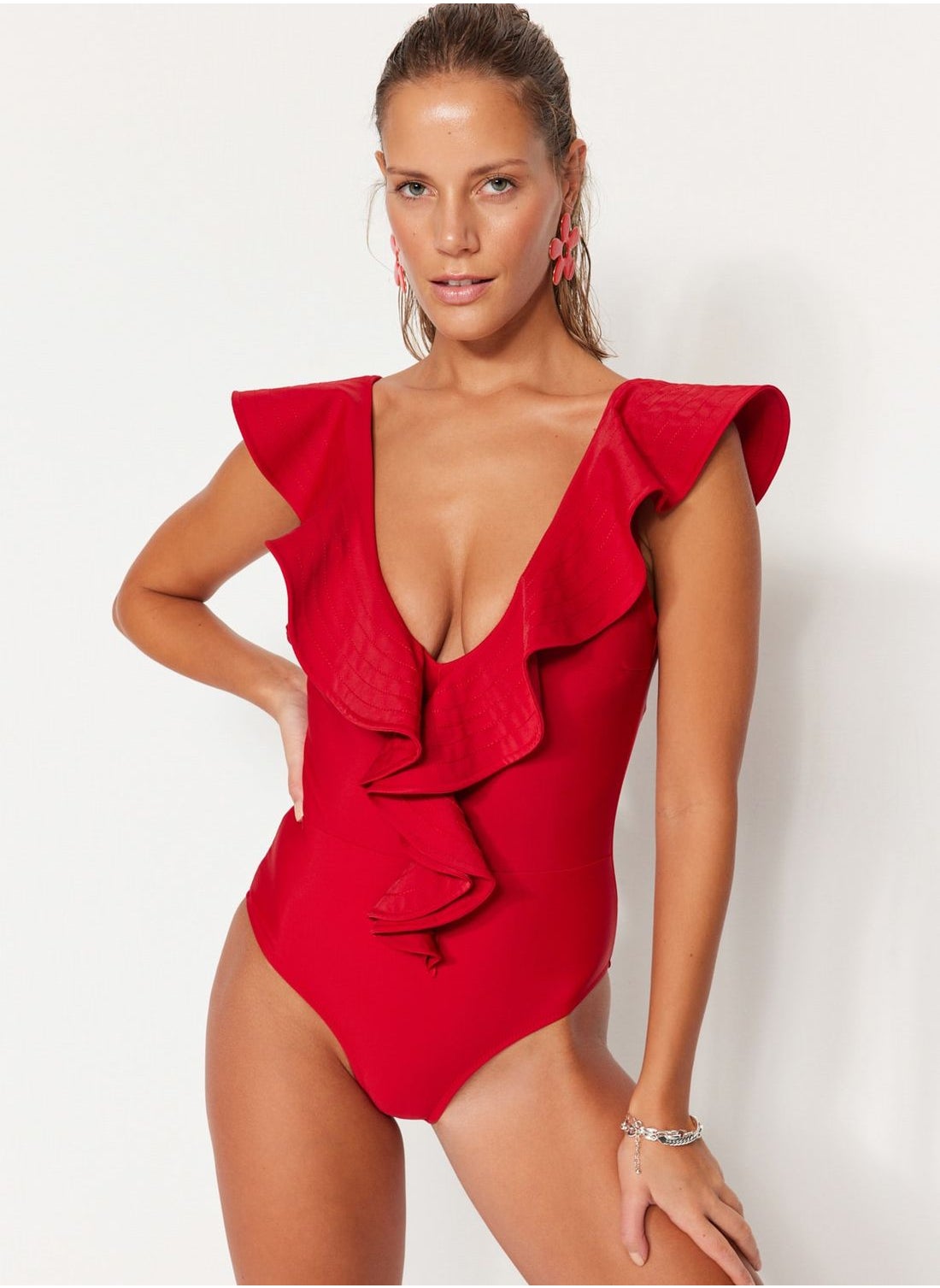 Ruffle on sale leg swimsuit