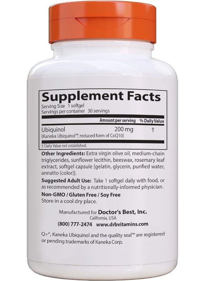 Doctor's BEST Ubiquinol Featuring Kaneka Qh, Non-Gmo, Gluten Free, Soy Free, Heart Health, 200 Mg, 30 Softgels  - Image 3