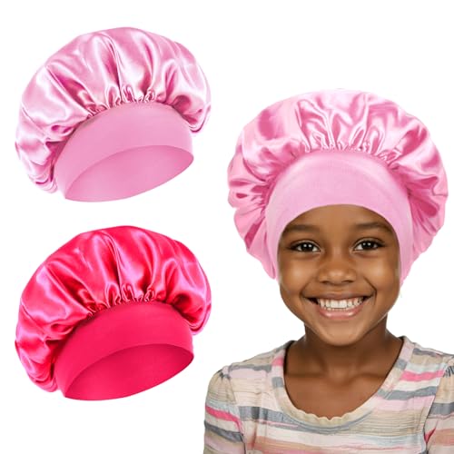 Ajcotahm 2 PCS Kids Bonnets for Girls Bonnet for Kids Baby Silk Satin Bonnets Sleeping Cap Bonnet for Girls Curly Hair Wrap Elastic Wide Band Sleep Cap for Child Toddler - Image 1