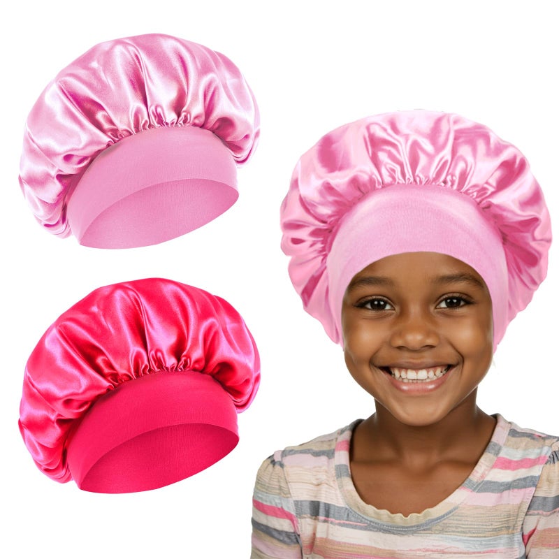 Ajcotahm 2 PCS Kids Bonnets for Girls Bonnet for Kids Baby Silk Satin Bonnets Sleeping Cap Bonnet for Girls Curly Hair Wrap Elastic Wide Band Sleep Cap for Child Toddler - Image 2