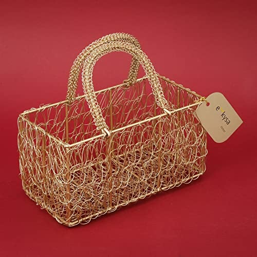 ekysa dekor Metal Meshwire Multipurpose Hamper Rectangular Fancy Basket/Tray/Platter With Wire Handles For Packing, Gifting, Decoration - Golden (8 * 4 * 4 Inch) - Image 1