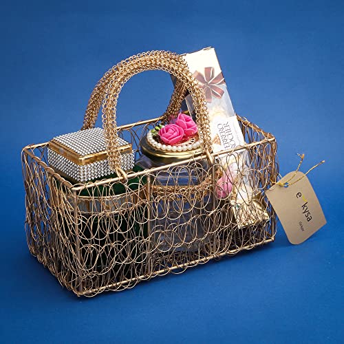 ekysa dekor Metal Meshwire Multipurpose Hamper Rectangular Fancy Basket/Tray/Platter With Wire Handles For Packing, Gifting, Decoration - Golden (8 * 4 * 4 Inch) - Image 3