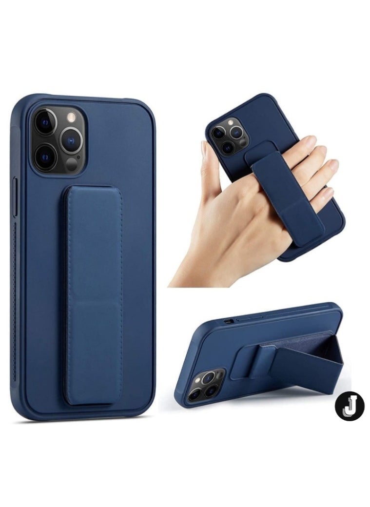 JAJEEK iPhone 16 Pro Blue Magnetic Car Mount Kickstand Case – Premium Silicone Multi-Stand with Vertical & Horizontal Hand Strap Grip - Image 1