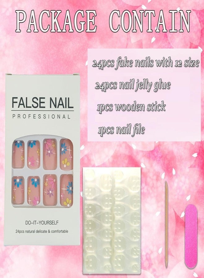Vezocim أظافر مزوستيم الزهرية القابلة للضغط على شكل تابوت بطول قصير، مجموعة 24 قطعة من الأظافر الاصطناعية اللامعة القابلة لإعادة الاستخدام، أظافر صناعية مربعة مزيفة بتصاميم زهرية ربيعية، أظافر لاصقة مع سحر - Image 4