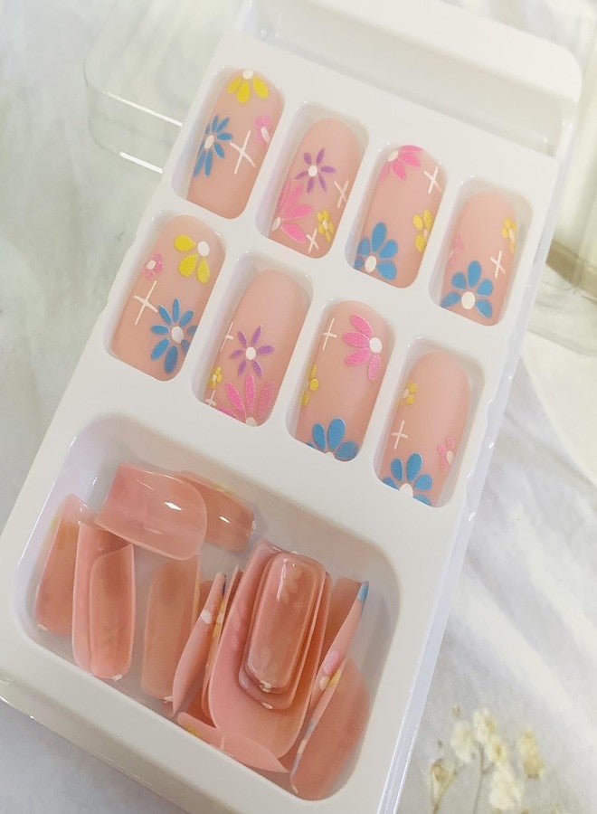 Vezocim أظافر مزوستيم الزهرية القابلة للضغط على شكل تابوت بطول قصير، مجموعة 24 قطعة من الأظافر الاصطناعية اللامعة القابلة لإعادة الاستخدام، أظافر صناعية مربعة مزيفة بتصاميم زهرية ربيعية، أظافر لاصقة مع سحر - Image 5