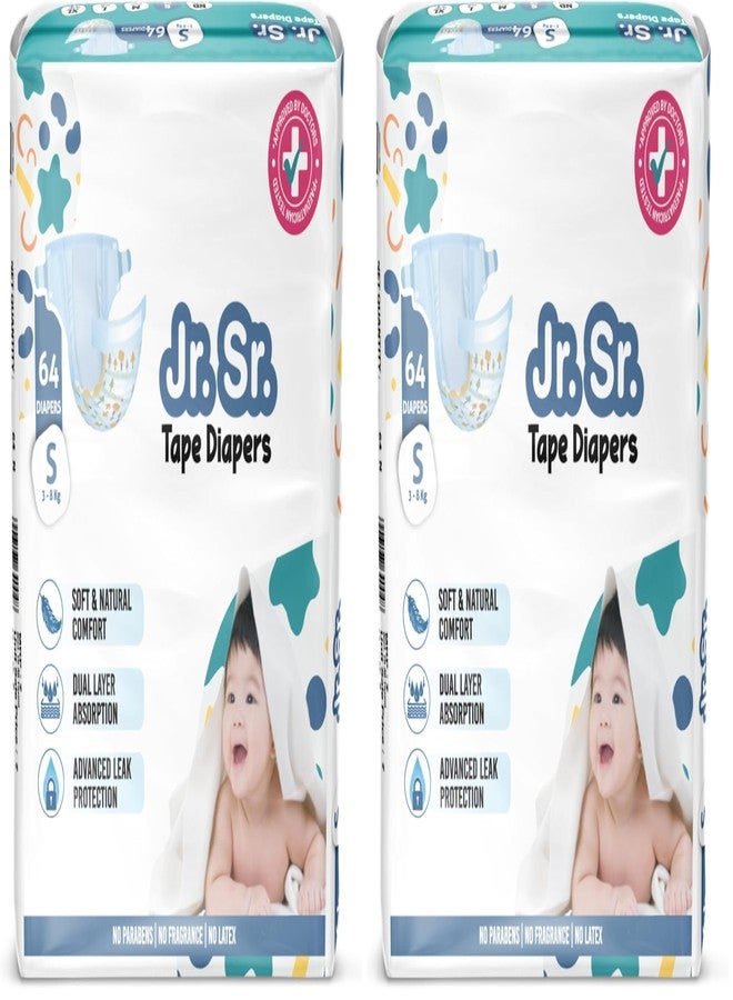 Jr. Sr. Baby Tape Style Diaper | Adjustable Fit for Babies | Small (S) Size (3-8 kg), 64 Count | Pack of 2 | Upto 12 hr Absorption with Advanced Leak Protection | Soft & Comfy