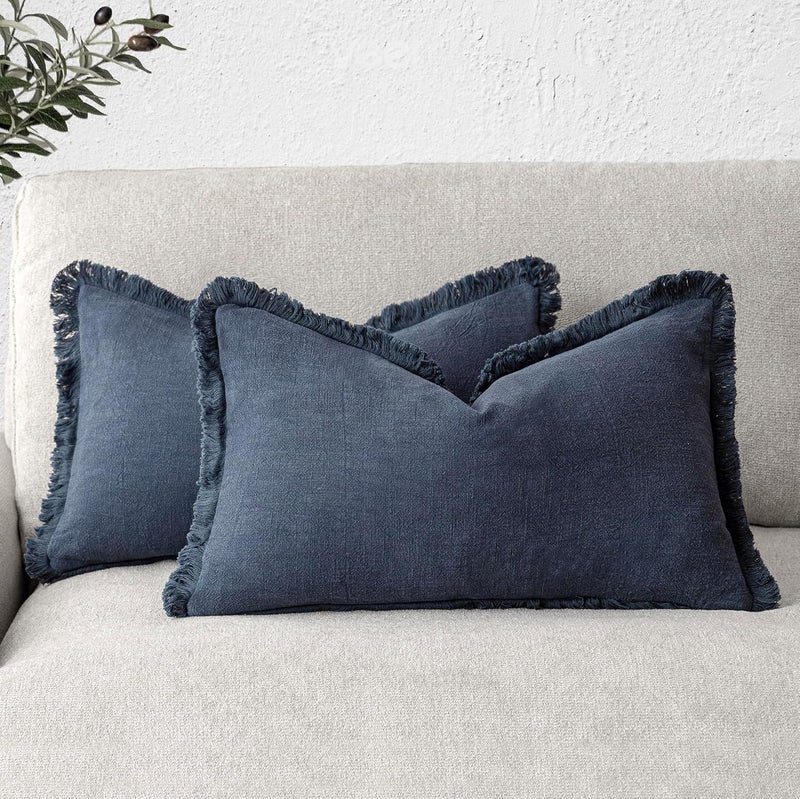 Foindtower Set of 2 Decorative Linen Fringe Throw Pillow Covers Boho Farmhouse Cushion Cover with Tassels Accent Pillowcase for Couch Bed Sofa Living Room Home Bedroom Decor, 12×24 Inch, Navy Blue - Image 1
