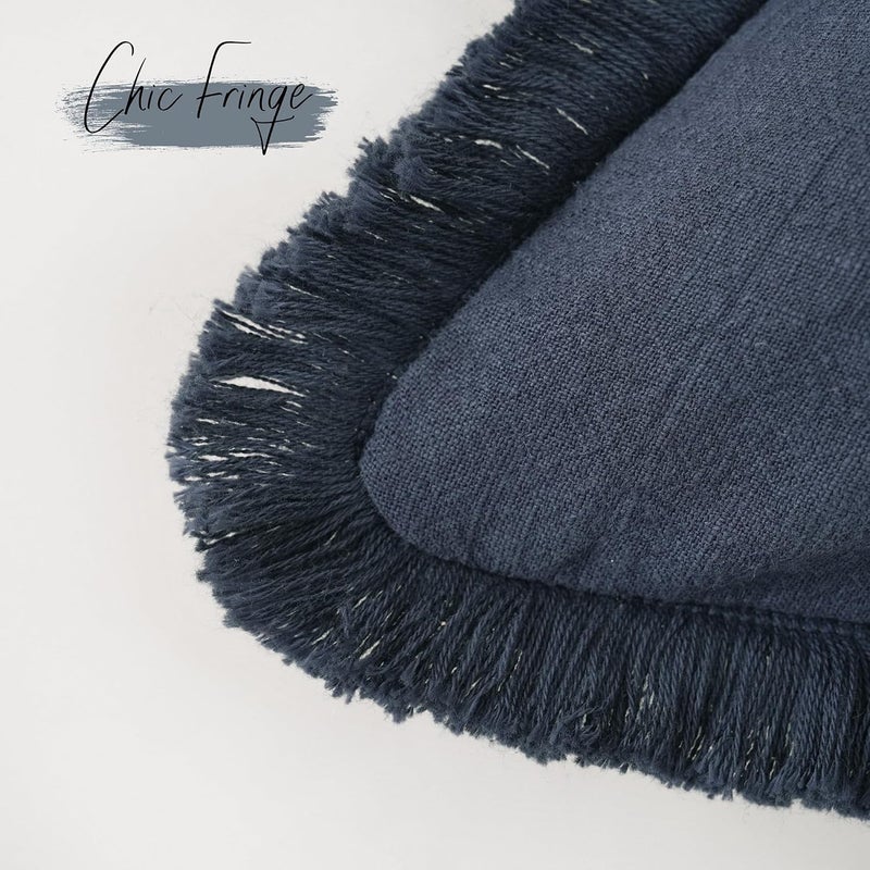 Foindtower Set of 2 Decorative Linen Fringe Throw Pillow Covers Boho Farmhouse Cushion Cover with Tassels Accent Pillowcase for Couch Bed Sofa Living Room Home Bedroom Decor, 12×24 Inch, Navy Blue - Image 3