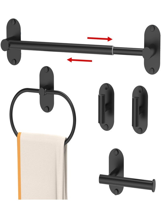 MIROAMZ 5-Piece Bathroom Hardware Accessories Set, Self-Adhesive & Wall Mounted SUS304 Stainless Steel Towel Bar Set, Adjustable Towel Bar, Towel Ring, Toilet Paper Holder & 2 Hooks(Matte Black) - Image 1