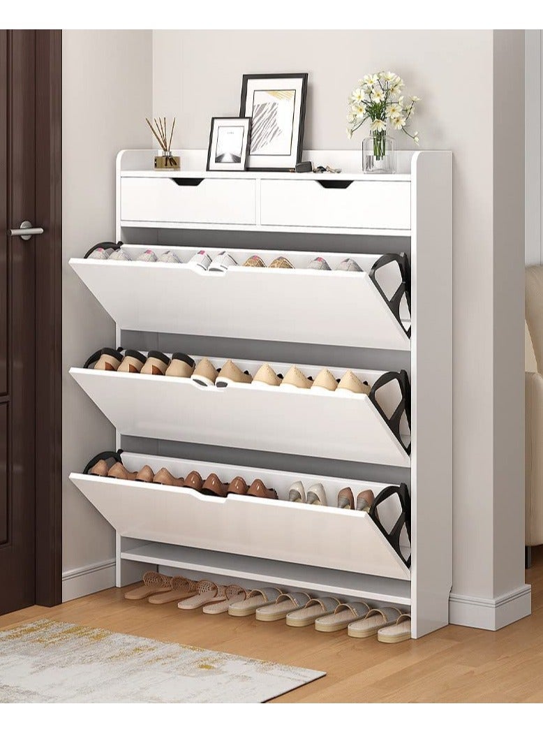 DUSALA 3 Tiers Shoe Cabinet With 2 drawers Cupboard Shoe Storage Organiser Pull Down Wooden Furniture Unit White - Image 1