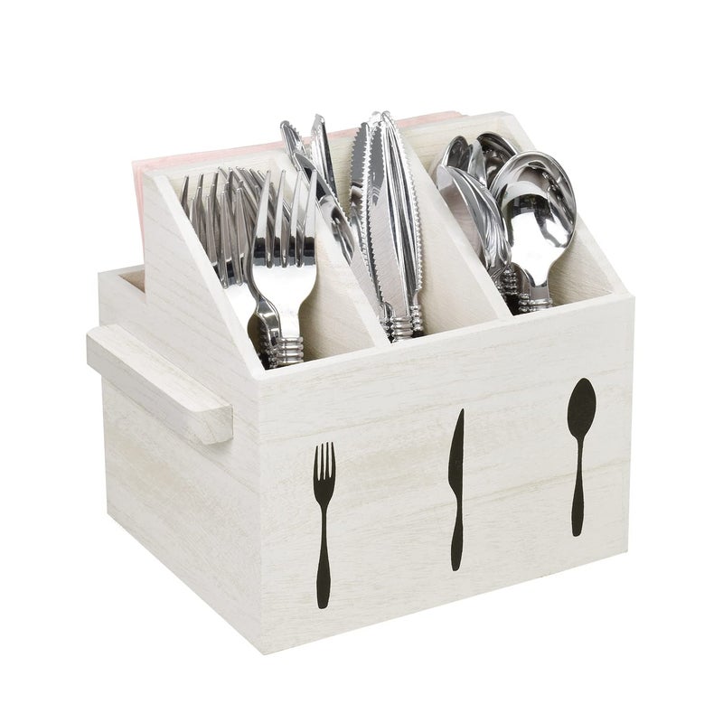 Ikee Design Wooden Utensil Caddy with Handles Silverware Holder for Countertop Kitchen Picnic and Camping White Color