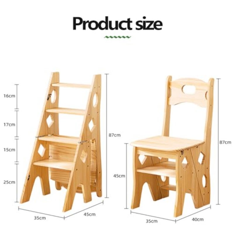 Wooden Folding Ladder Stool, 4-Step Solid Wood Step Stool with Anti-Slip Mat, Multi-Functional Foldable Ladder for Home, Kitchen, Library, as Step Stool, Flower Stand, Brown - Image 3