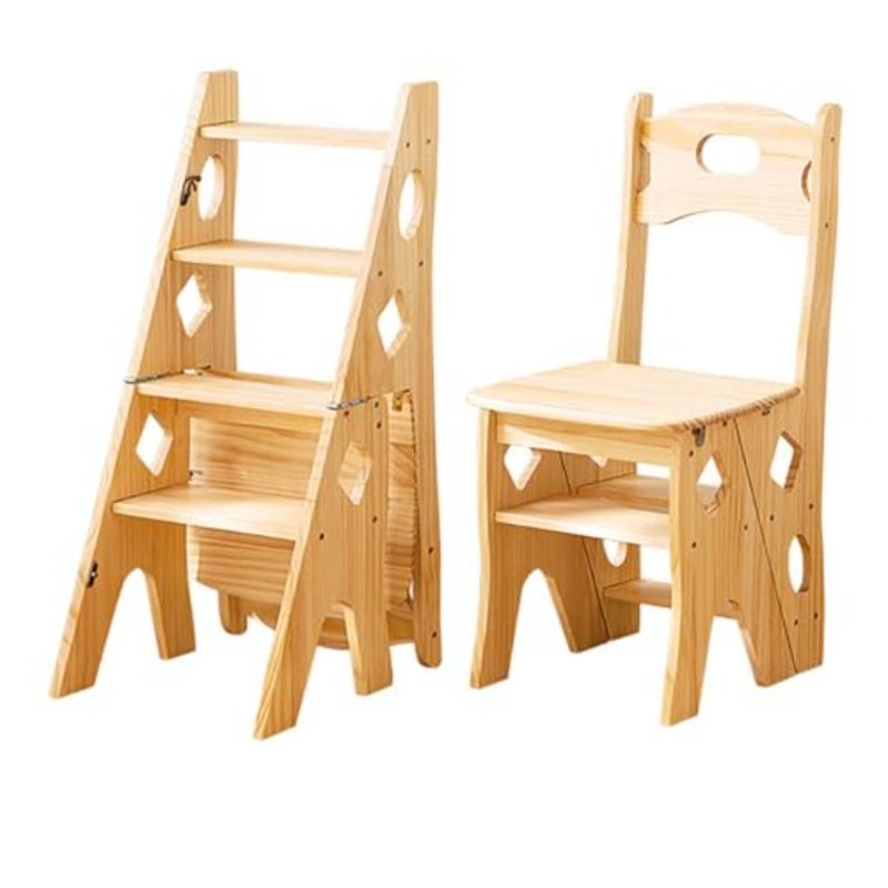 Wooden Folding Ladder Stool, 4-Step Solid Wood Step Stool with Anti-Slip Mat, Multi-Functional Foldable Ladder for Home, Kitchen, Library, as Step Stool, Flower Stand, Brown - Image 1