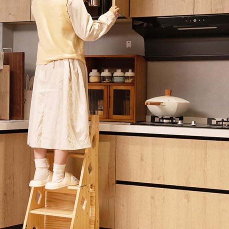 Wooden Folding Ladder Stool, 4-Step Solid Wood Step Stool with Anti-Slip Mat, Multi-Functional Foldable Ladder for Home, Kitchen, Library, as Step Stool, Flower Stand, Brown - Image 2