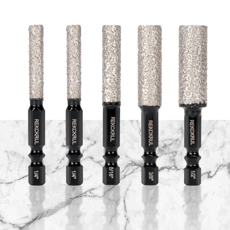 REKCKRUL 5-Pack Diamond Drill Bits Set, 1/4 5/16 3/8 1/2 Inch Diamond Hole Saw for Drilling & Milling - 1/4 Hex Shank Core Drill Bits for Ceramic, Tile, Glass, Granite, Marble, Brick & Stone - Image 1