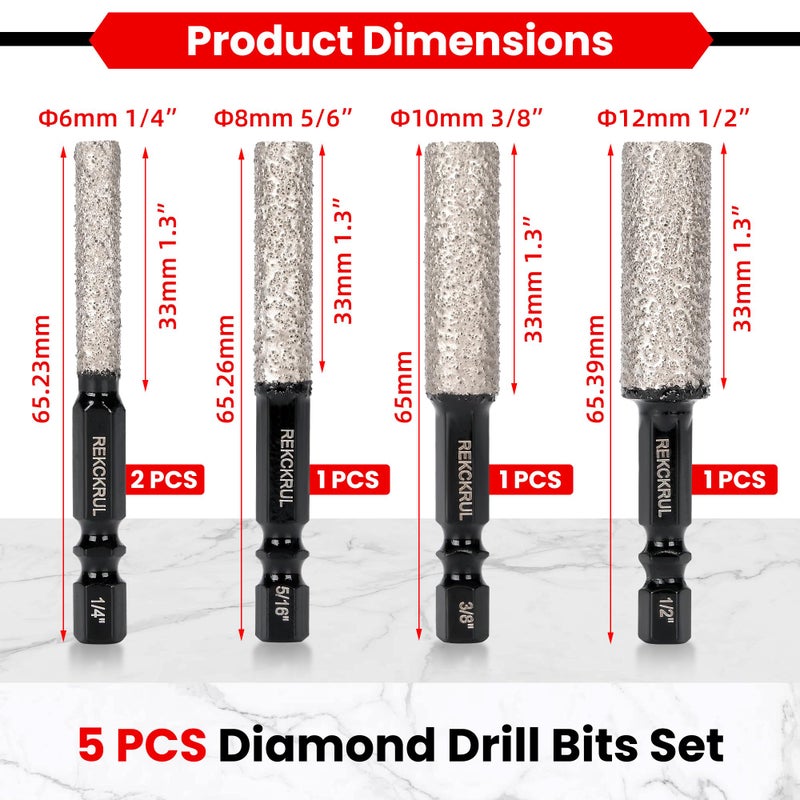 REKCKRUL 5-Pack Diamond Drill Bits Set, 1/4 5/16 3/8 1/2 Inch Diamond Hole Saw for Drilling & Milling - 1/4 Hex Shank Core Drill Bits for Ceramic, Tile, Glass, Granite, Marble, Brick & Stone - Image 3