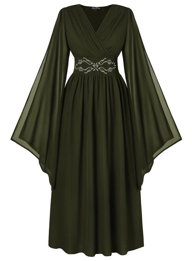 Scarlet Darkness Women's Renaissance Costume Wrap V Neck Medieval Dress Split Bell Sleeve Embroidery Fairy Dresses, Olive Green, S - Image 1