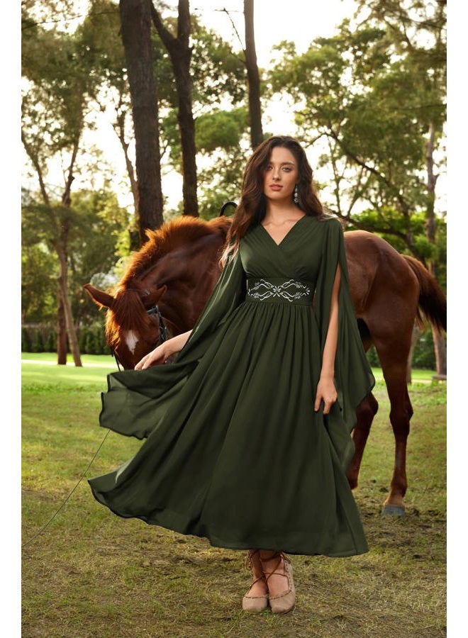 Scarlet Darkness Women's Renaissance Costume Wrap V Neck Medieval Dress Split Bell Sleeve Embroidery Fairy Dresses, Olive Green, S - Image 3