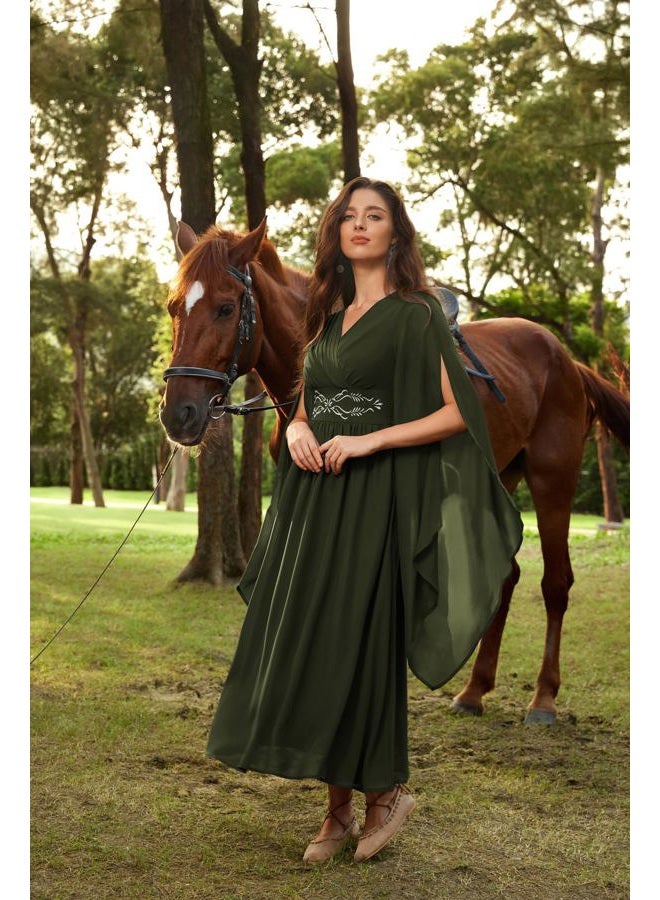 Scarlet Darkness Women's Renaissance Costume Wrap V Neck Medieval Dress Split Bell Sleeve Embroidery Fairy Dresses, Olive Green, S - Image 4