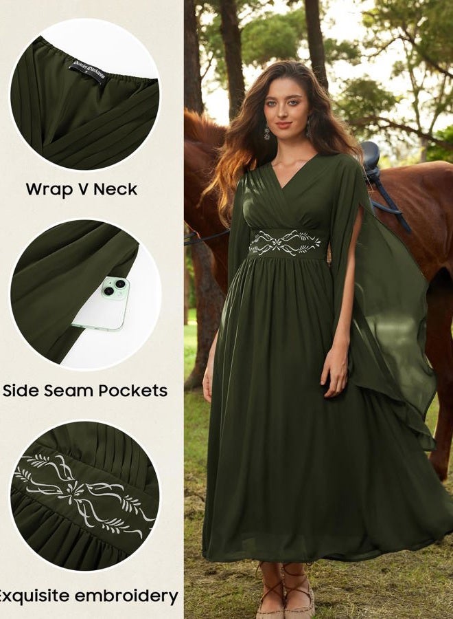 Scarlet Darkness Women's Renaissance Costume Wrap V Neck Medieval Dress Split Bell Sleeve Embroidery Fairy Dresses, Olive Green, S - Image 5