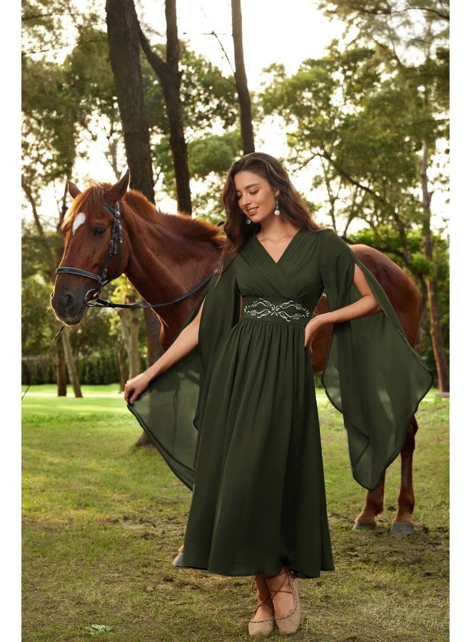 Scarlet Darkness Women's Renaissance Costume Wrap V Neck Medieval Dress Split Bell Sleeve Embroidery Fairy Dresses, Olive Green, S - Image 2