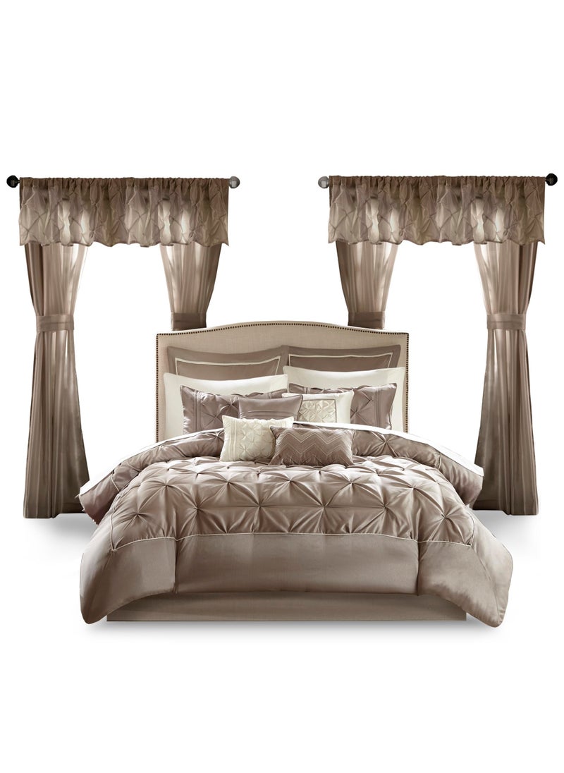 madison park Madison Park Essentials Room in a Bag Faux Silk Comforter Set  Luxe Diamond Tufting All Season Bedding Matching Curtains Decorative Pillows Taupe Queen90x90 24 Piece 