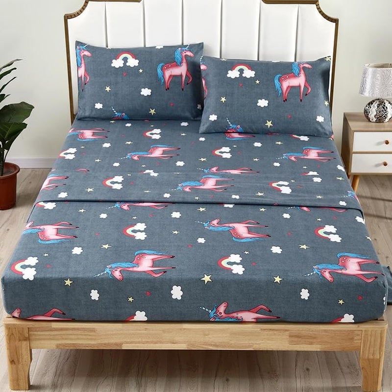 SDIII 4PCS Gray Unicorn Sheets Set  Soft Microfiber Bedding Cute Sheets for Kids Teens and Unicorn Lovers