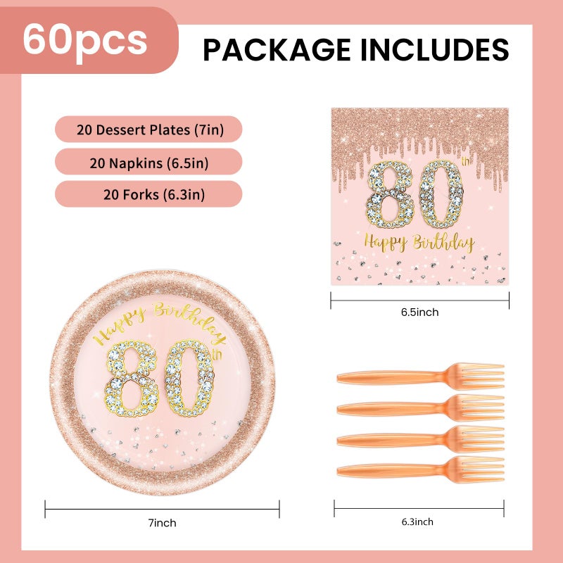 KFJBPB 60 PCS 80th Birthday Decorations for Women, 80th Birthday Plates and Napkins Rose Gold Disposable Tableware Set Party Supplies for Women Cheers to 80 Years Anniversary (80TH) - Image 2