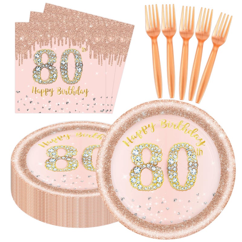 KFJBPB 60 PCS 80th Birthday Decorations for Women, 80th Birthday Plates and Napkins Rose Gold Disposable Tableware Set Party Supplies for Women Cheers to 80 Years Anniversary (80TH) - Image 1