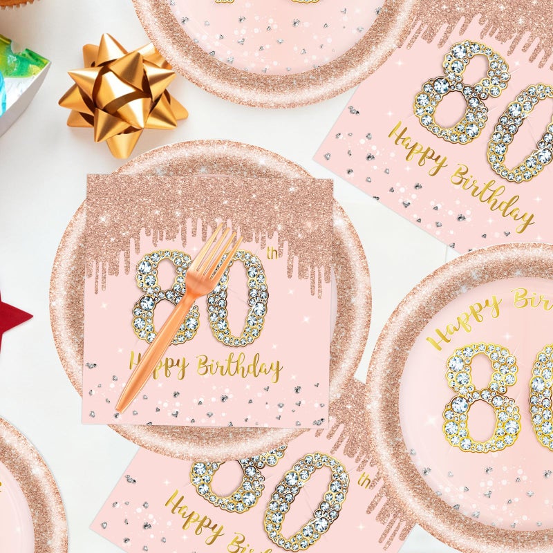 KFJBPB 60 PCS 80th Birthday Decorations for Women, 80th Birthday Plates and Napkins Rose Gold Disposable Tableware Set Party Supplies for Women Cheers to 80 Years Anniversary (80TH) - Image 4