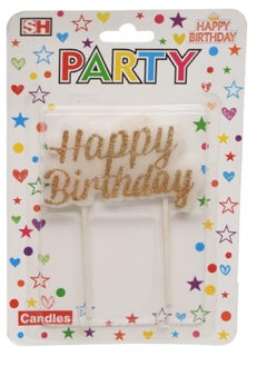 Large birthday glitter candle with happy birthday design for cake decoration - gold white