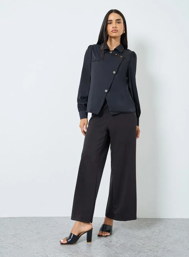 Styli Styli Solid Front Button Balloon Sleeve Blouse